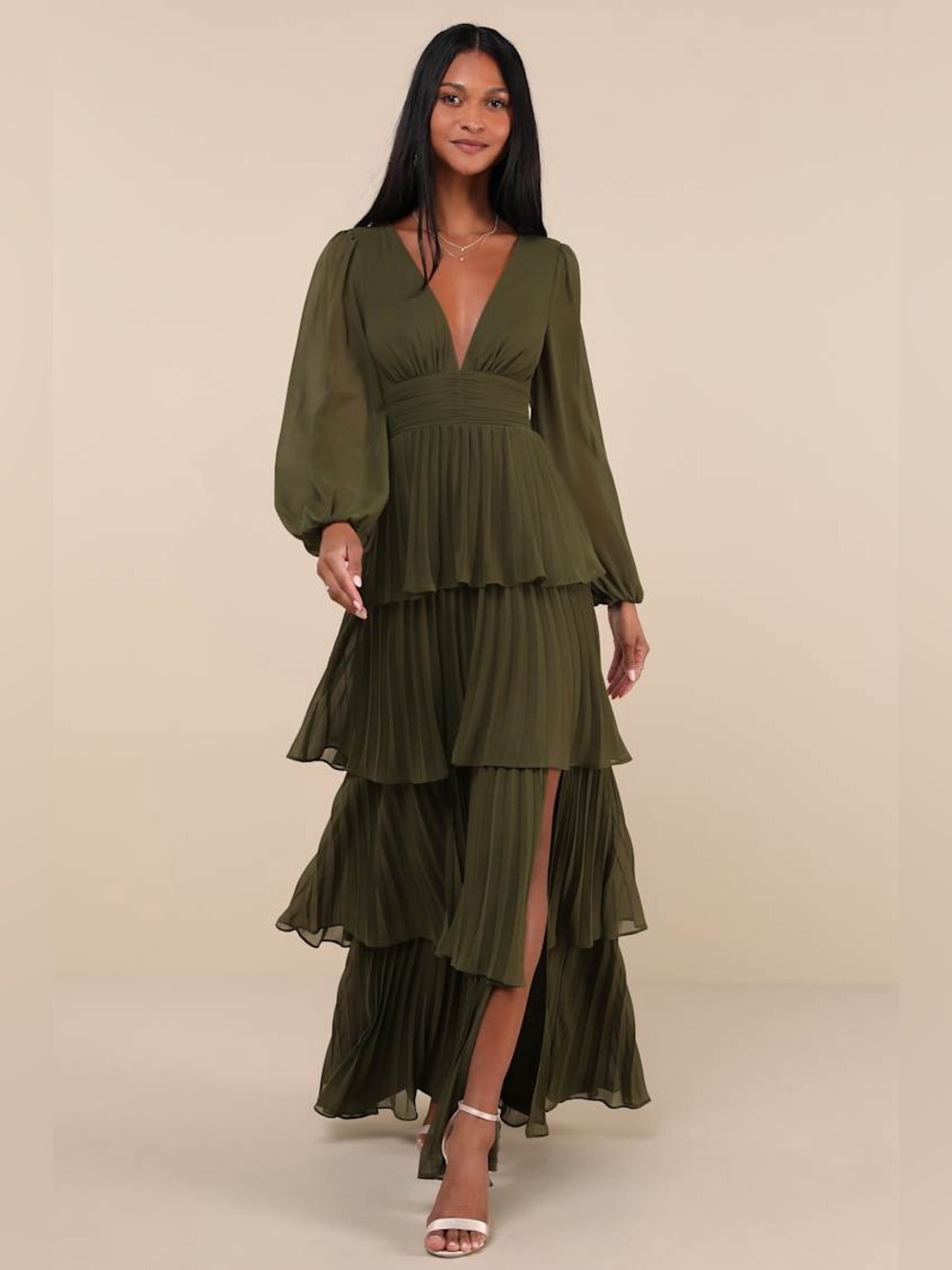 LULUS NWT Graceful Finesse Olive Green Pleated Long Sleeve Maxi Dress